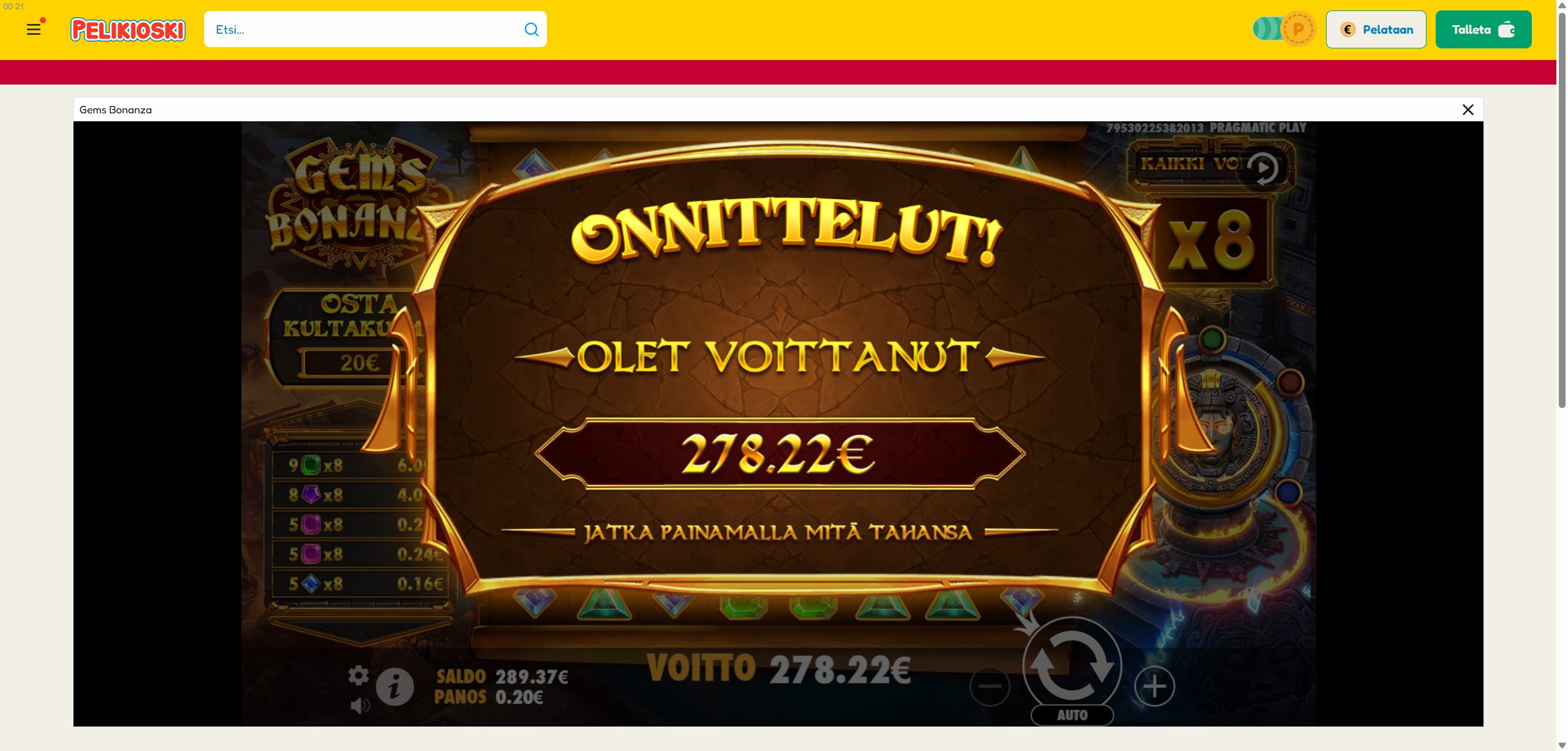 Gems Bonanza – Pelikioski (278.22 eur / 0.20 bet) | Ihalaiska