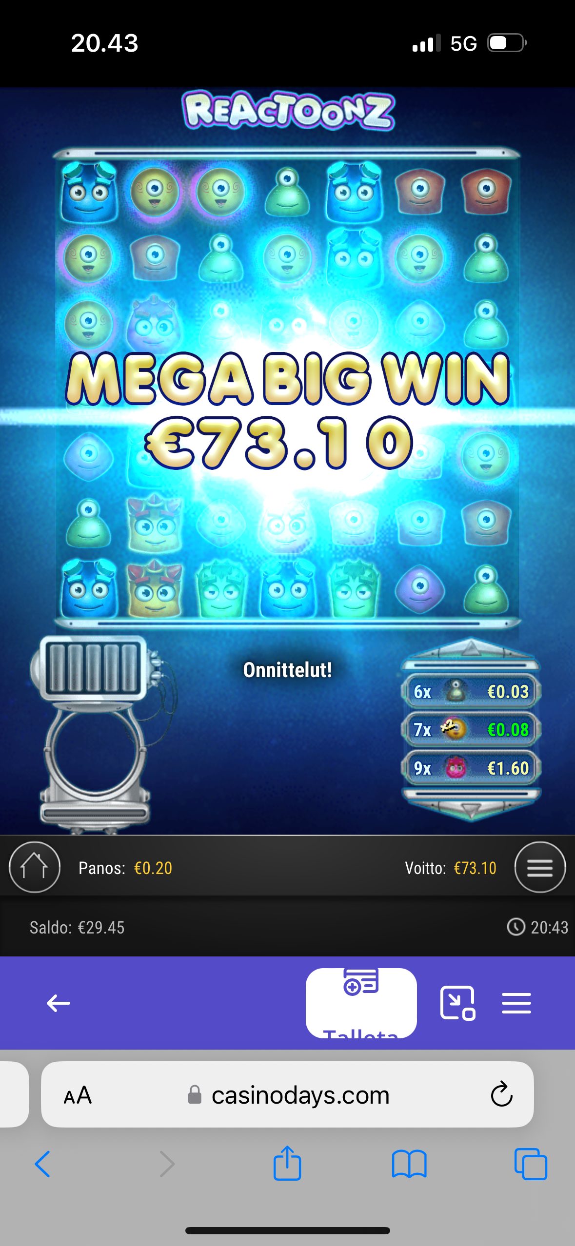 Reactoonz – CasinoDays (draft) (73.10 eur / 0.20 bet) | Ihalaiska