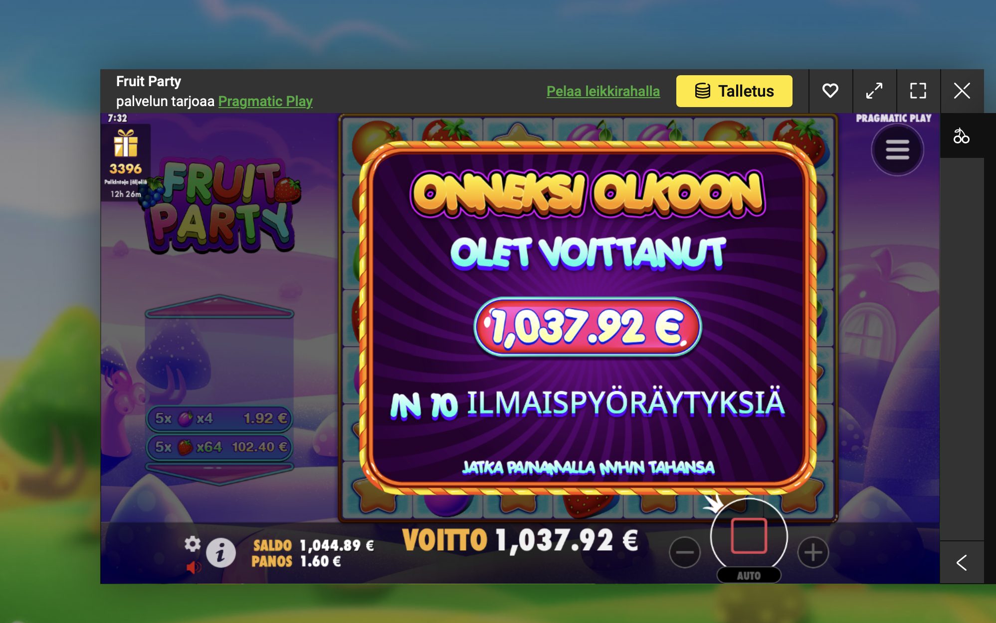 Fruit party – Unibet (1037 eur / 1.60 bet) | mause