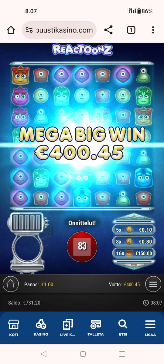 Reactoonz – Buusti (400.45 eur / 1 bet) | Kapteni85