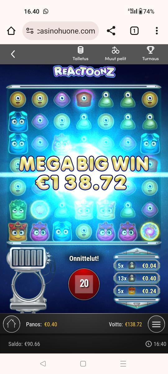 Reactoonz – Unibet (138.72 eur / 0.40 bet) | Kapteni85