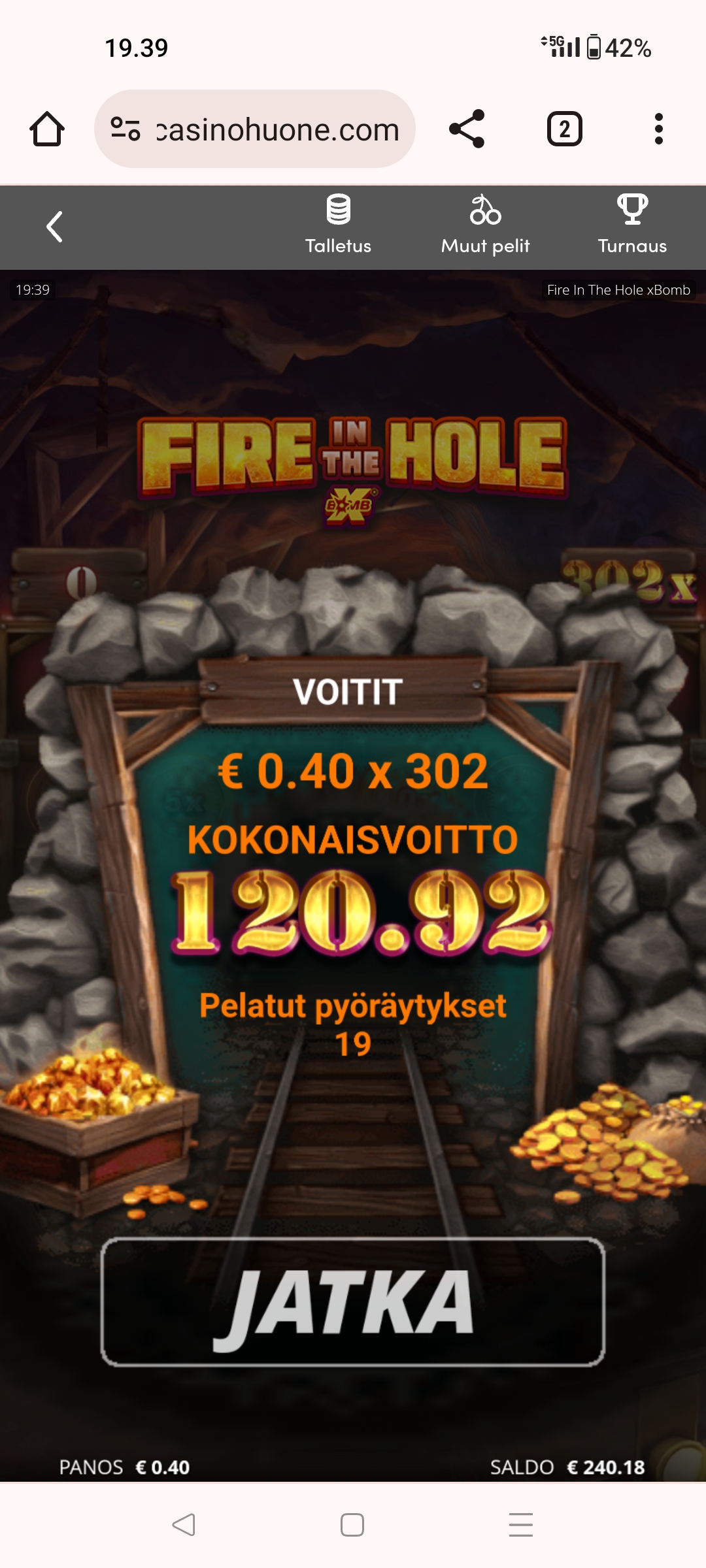 Fire in the hole – Unibet (120.92 eur / 0.40 bet) | Kapteni85