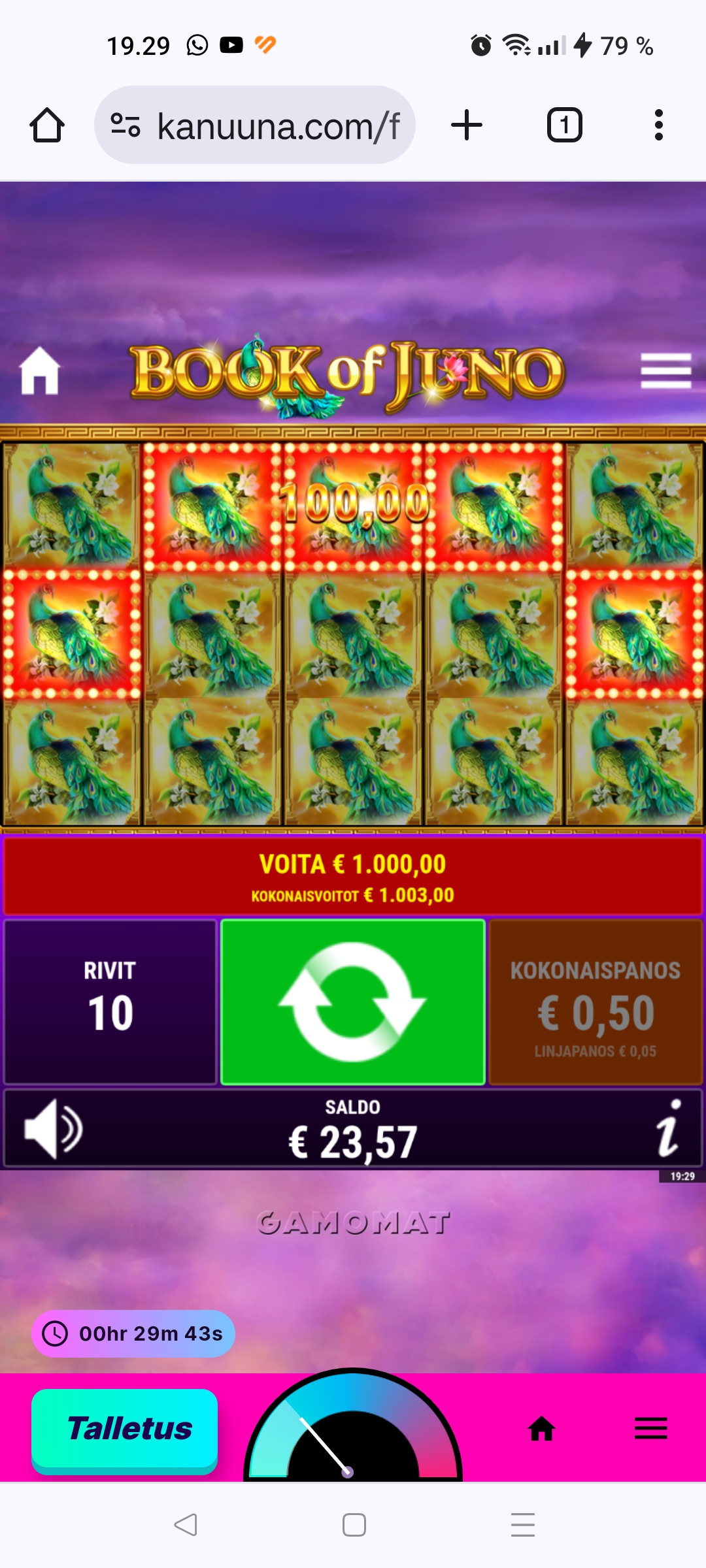 Book of Juno – Kanuuna (1000 eur / 0.50 bet) | Juipelo76