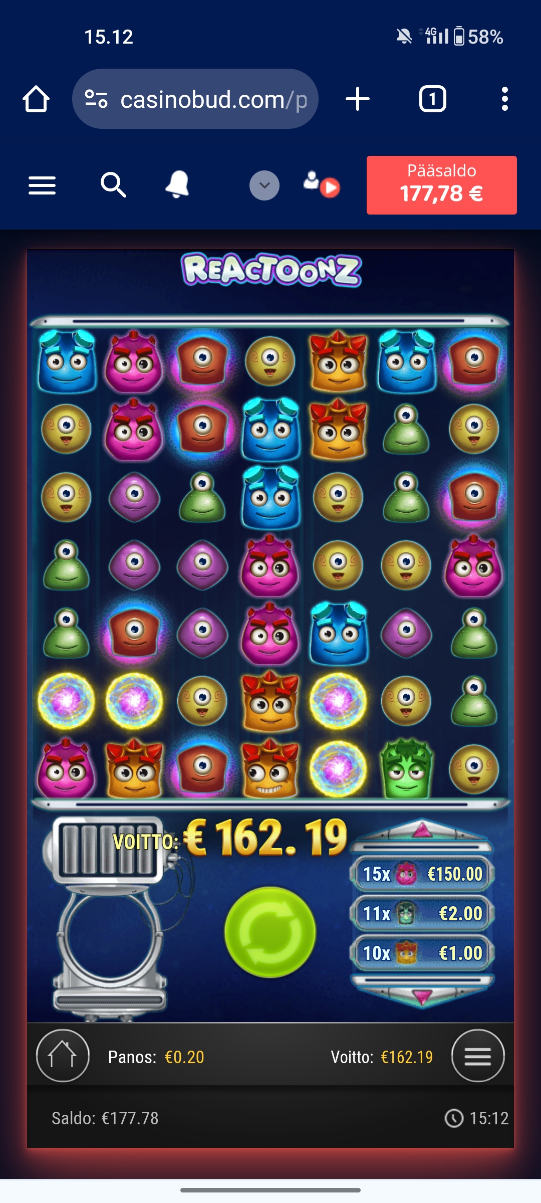 Reactoonz – Budsino (162.00 eur / 0.20 bet) | Jullezuu