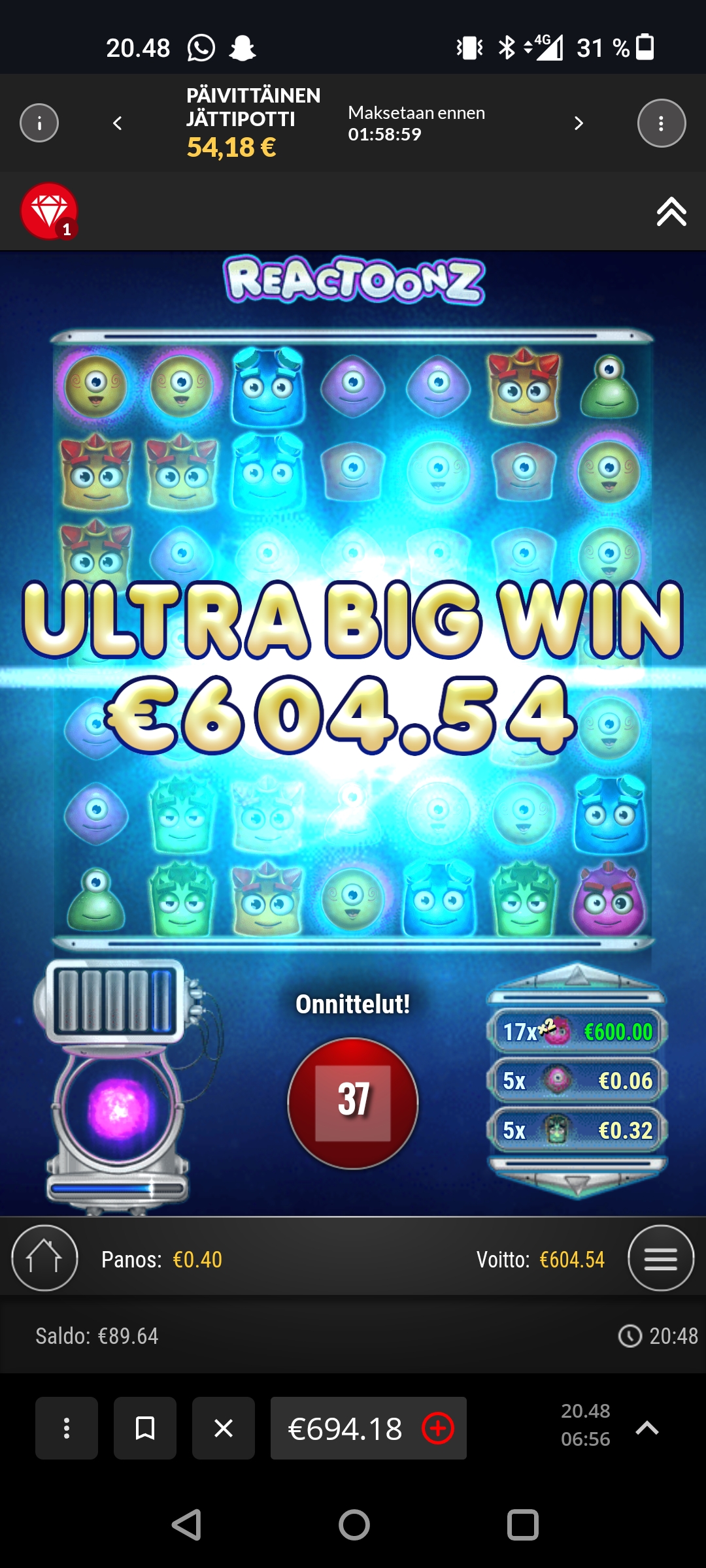 Reactoonz – Ibet (604.54 eur / 0.4 bet) | Afrikantähti