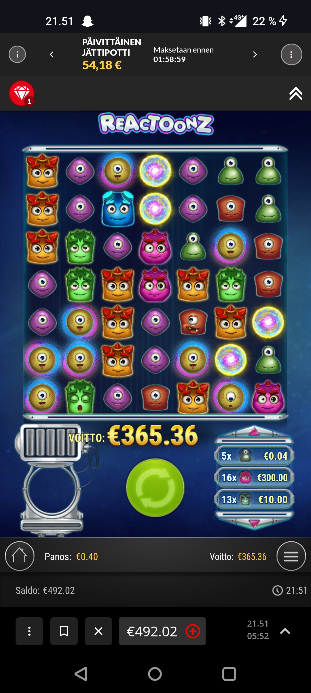 Reactoonz – Ibet (365.36 eur / 0.4 bet) | Afrikantähti