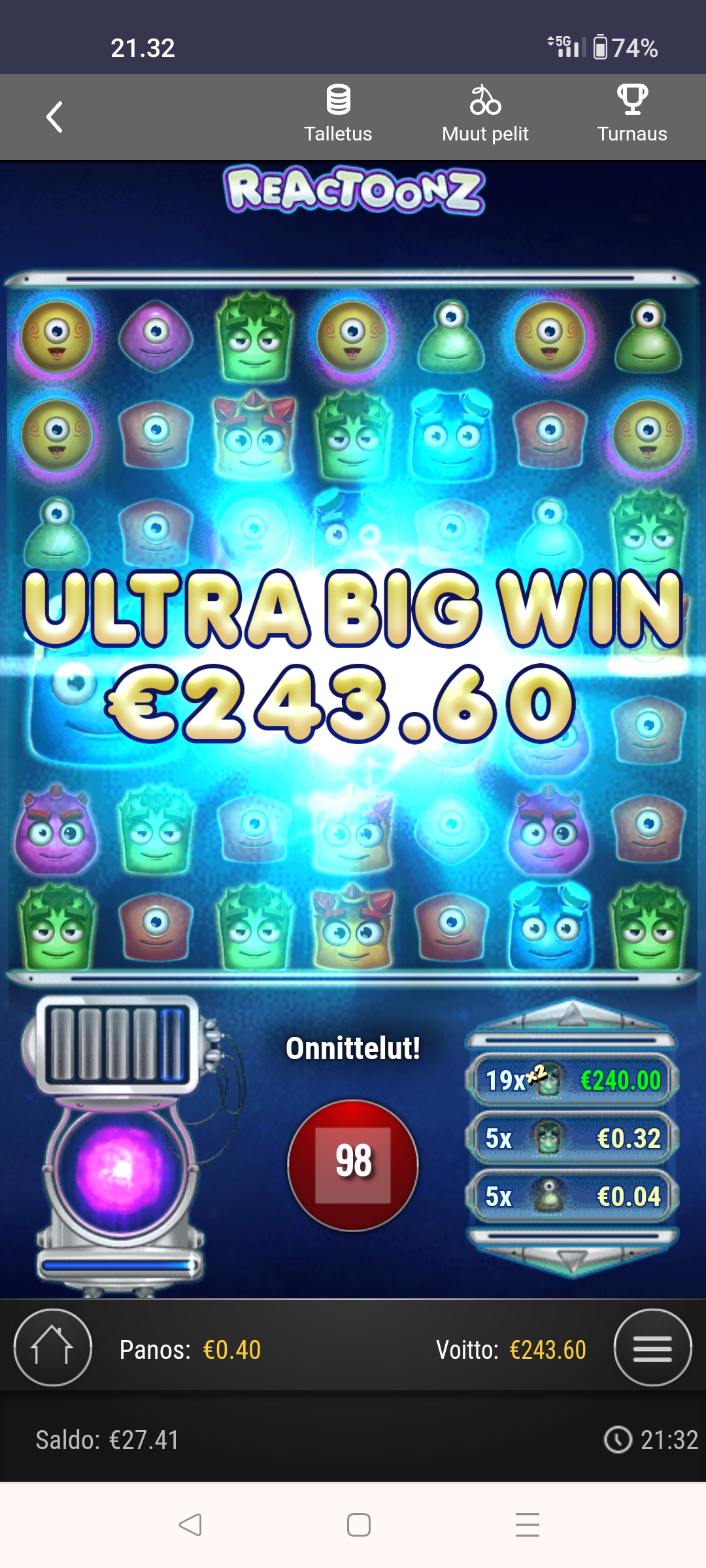 Reactoonz – Unibet (243.60 eur / 0.40 bet) | Kapteni85