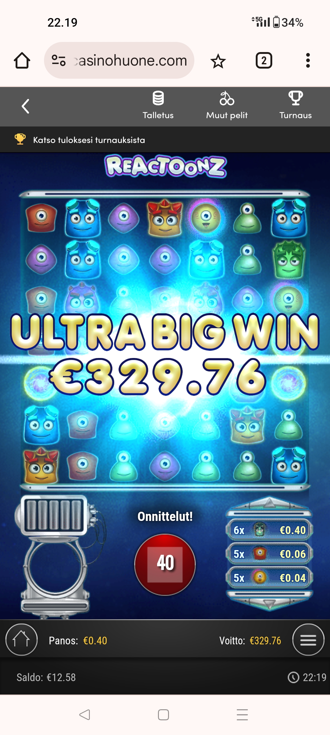 Reactoonz – Unibet (329.76 eur / 0.40 bet) | Kapteni85