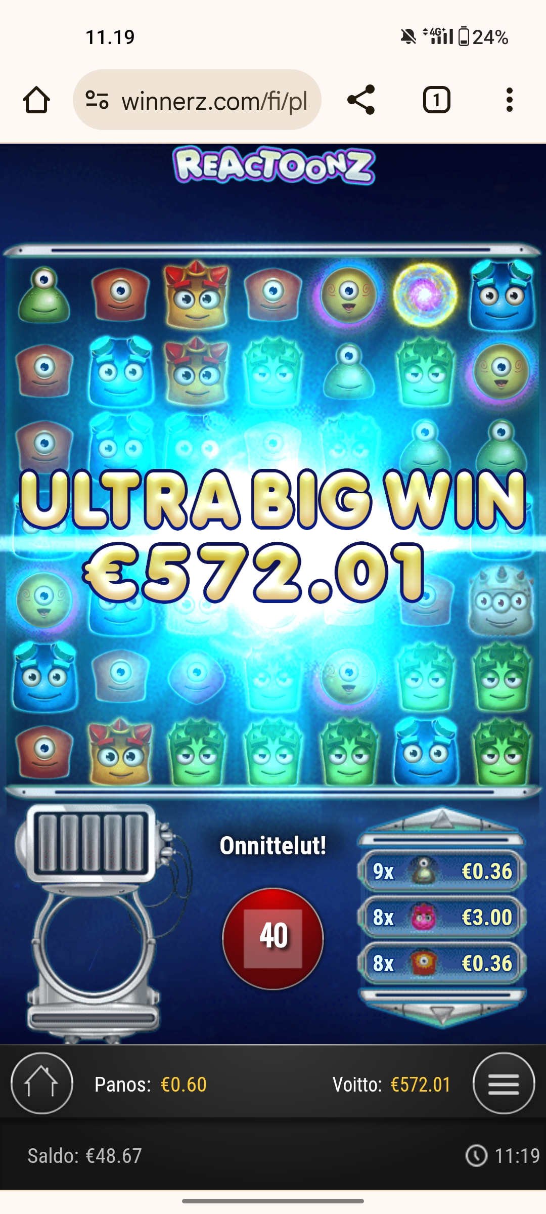 Reactoonz – Winnerz (572.01 eur / 0.20 bet) | Jullezuuu