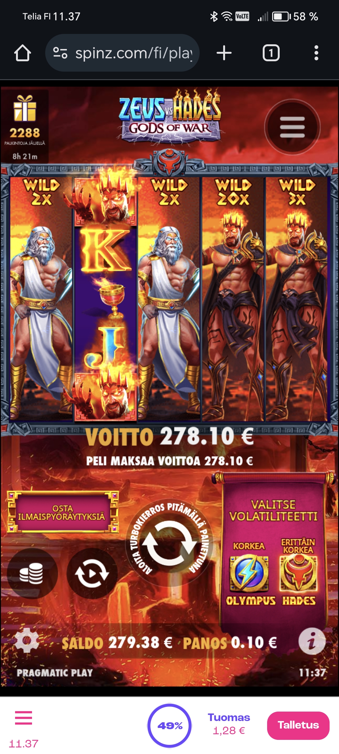 Zeus vs Hades – Spinz (278 eur / 0.10 apuesta) | hakki87