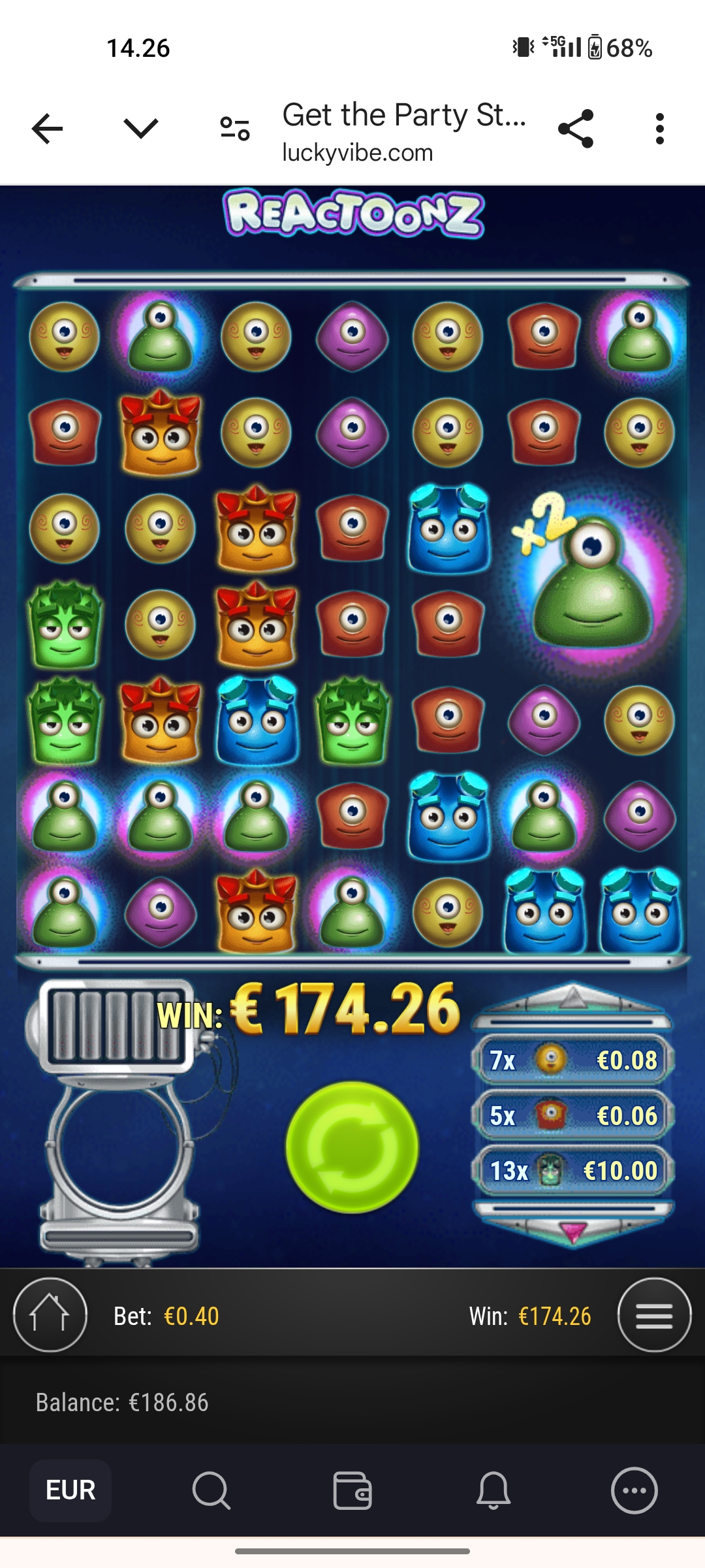 Reactoonz – Lucky Days (174.26 eur / 0.40 bet) | Jullezuu