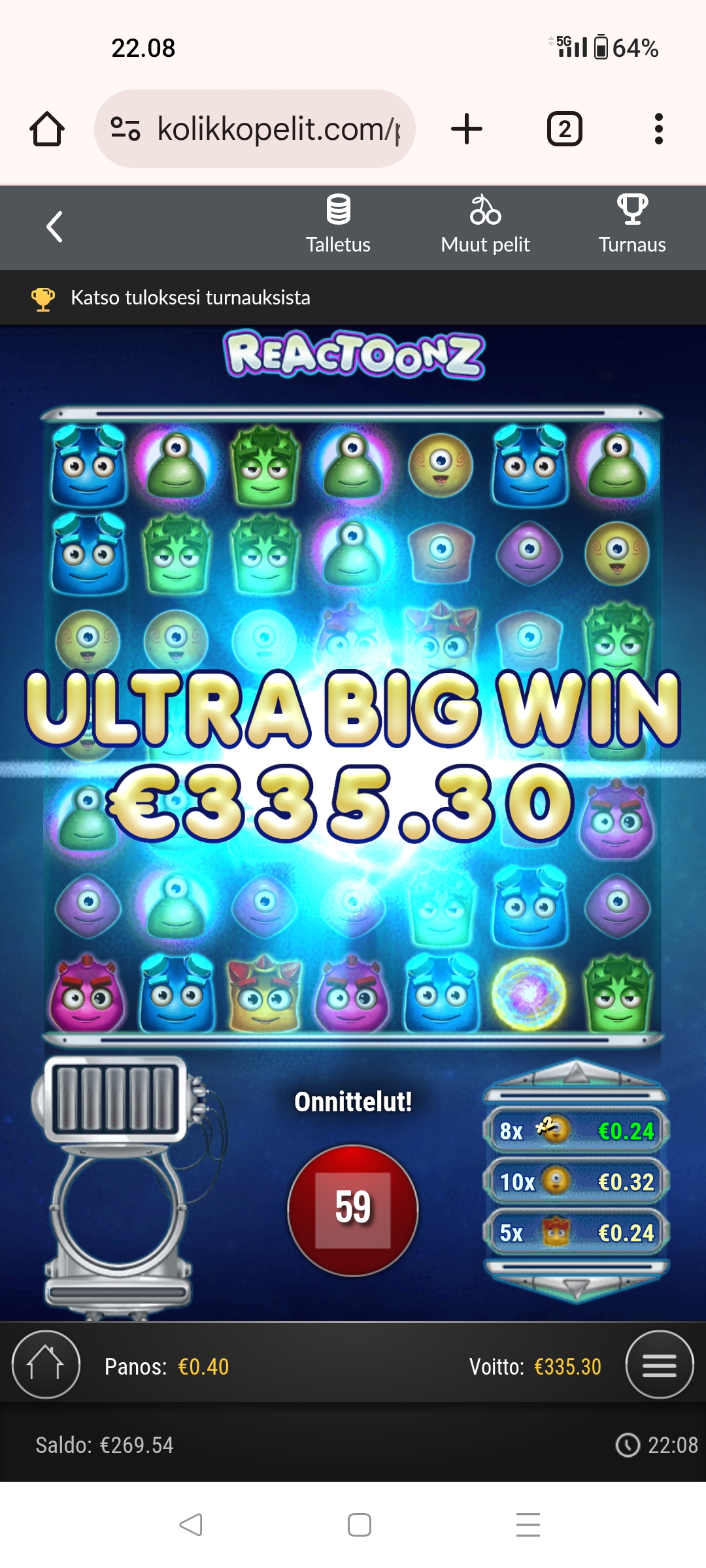Reactoonz – Unibet (335.30 eur / 0.40 bet) | Kapteni85