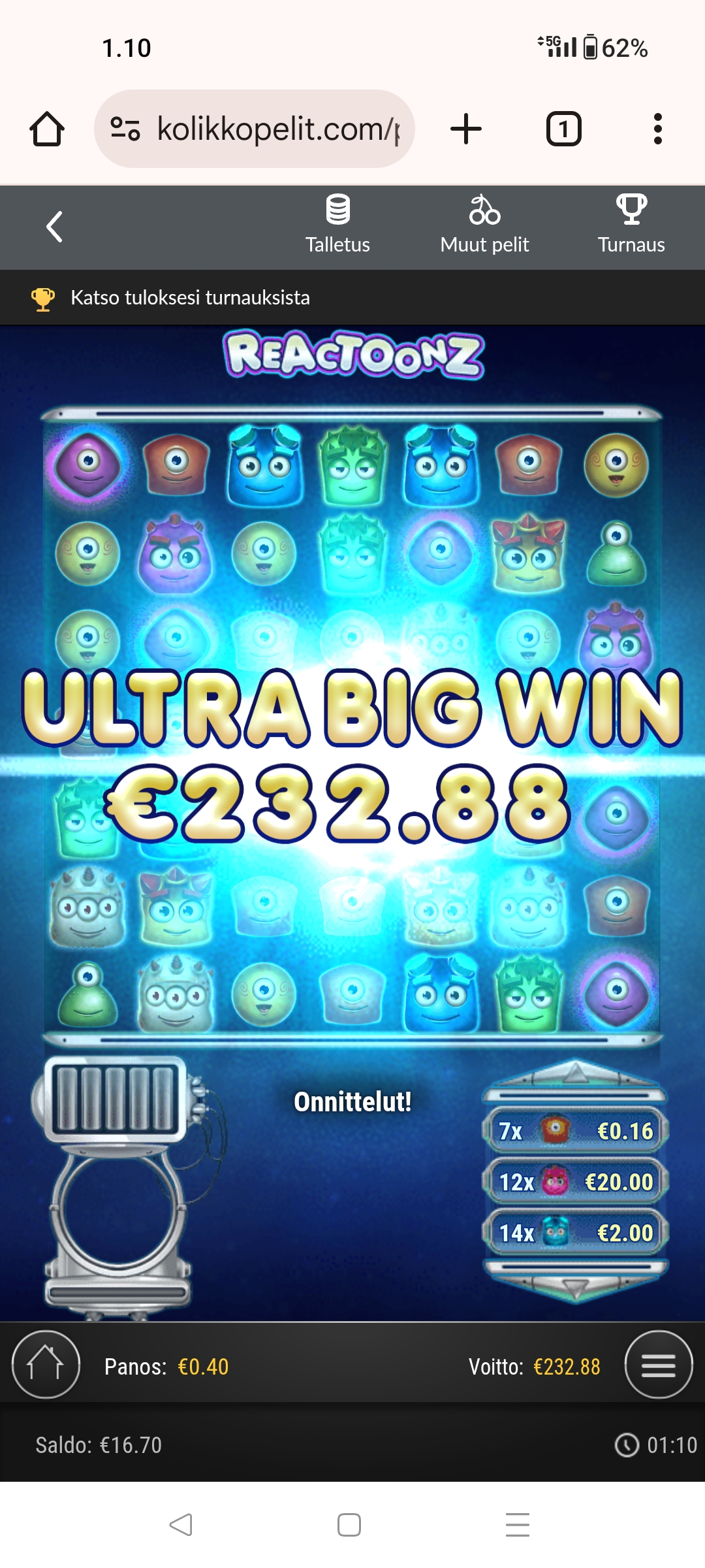 Reactoonz – Unibet (232.88 eur / 0.40 bet) | Kapteni85