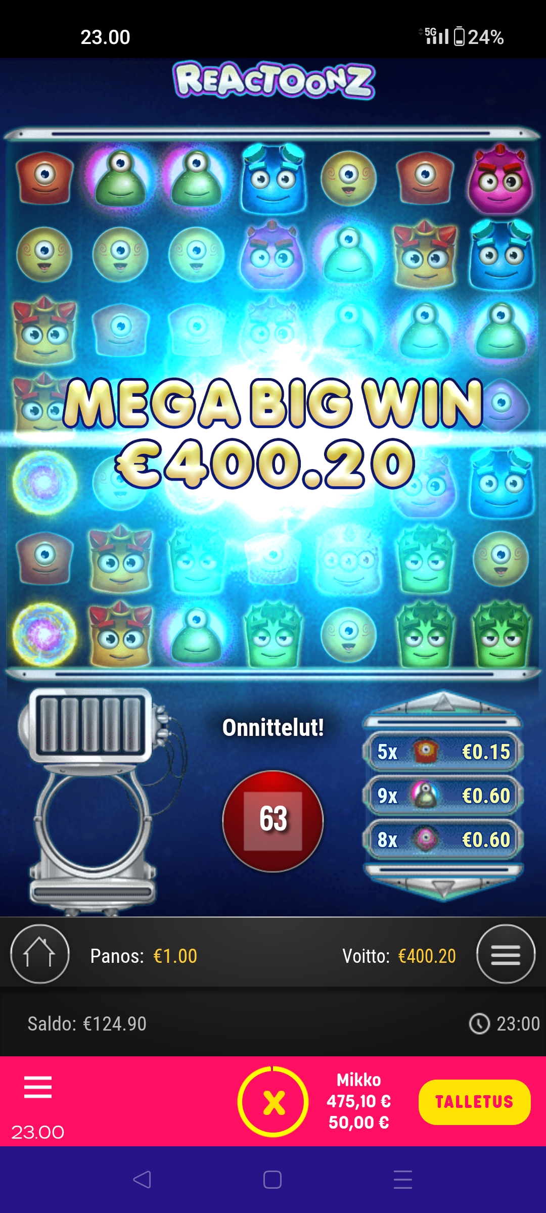 Reactoonz – Caxino (400.20 eur / 1 bet) | Kapteni85