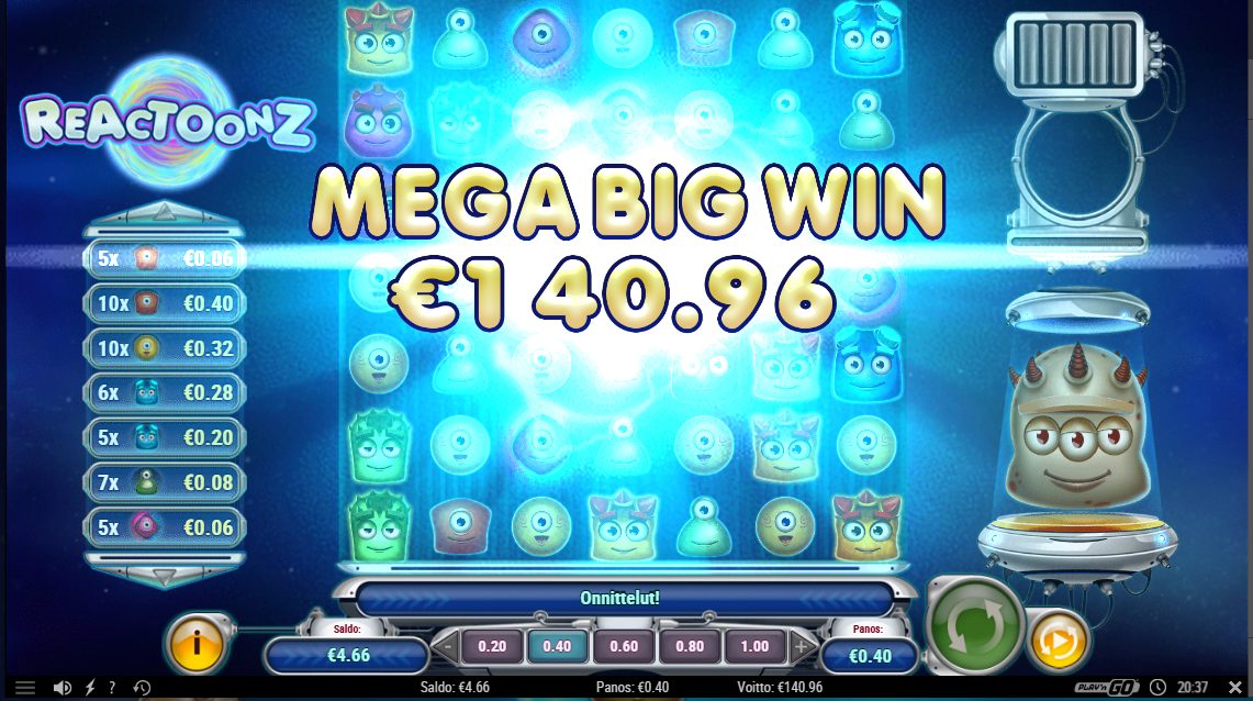 Reactoonz – Unibet (140.96 eur / 0.4 bet) | Kapteni85