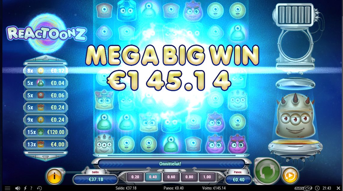 Reactoonz – Unibet (145.14 eur / 0.4 bet) | Kapteni85