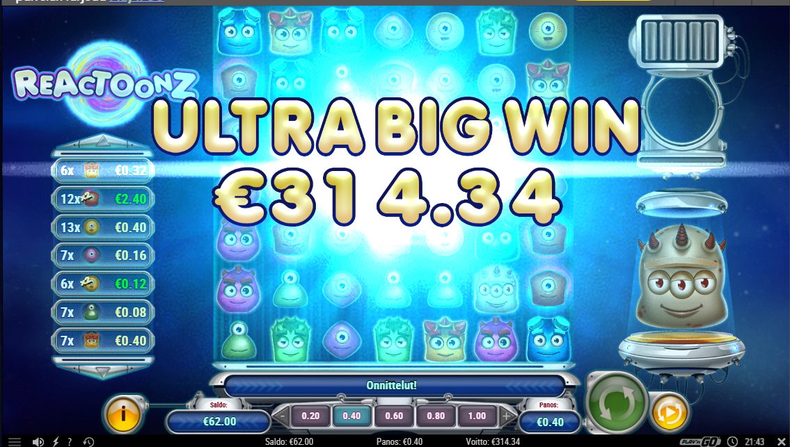 Reactoonz – Unibet (314.34 eur / 0.4 bet) | Kapteni85
