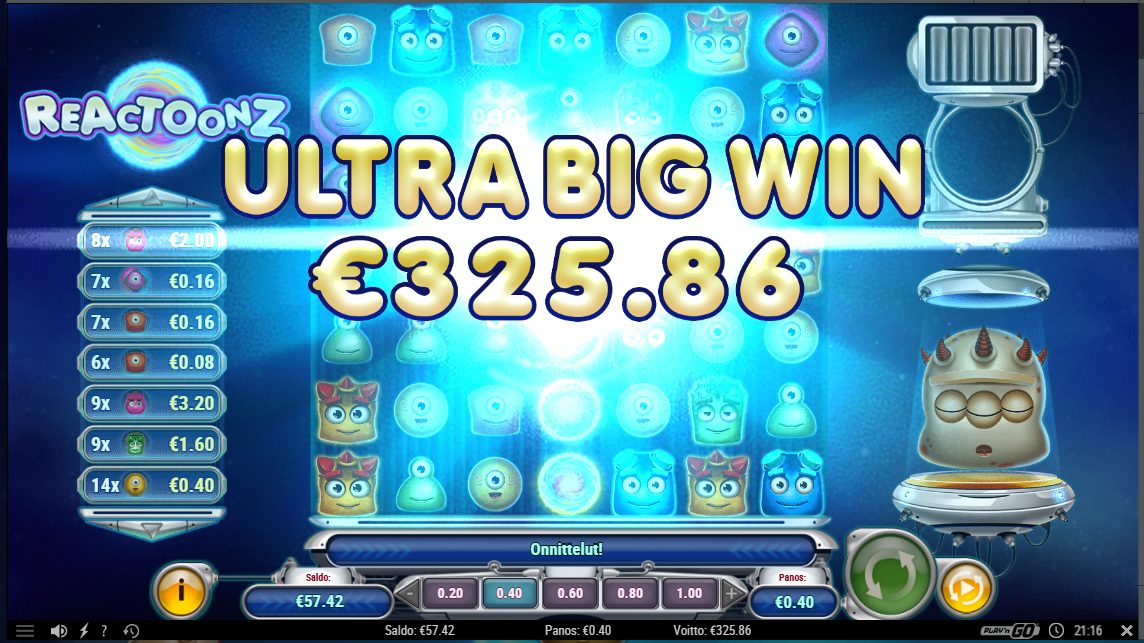 Reactoonz – Unibet (325.86 eur / 0.4 bet) | Kapteni85