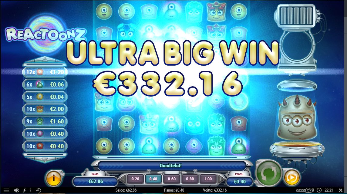 Reactoonz – Unibet (332.16 eur / 0.4 bet) | Kapteni85