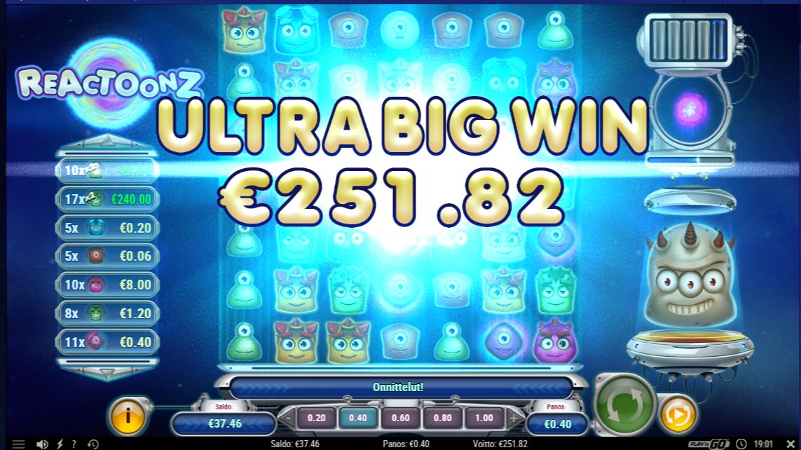 Reactoonz – Unibet (251.82 eur / 0.4 bet) | Kapteni85