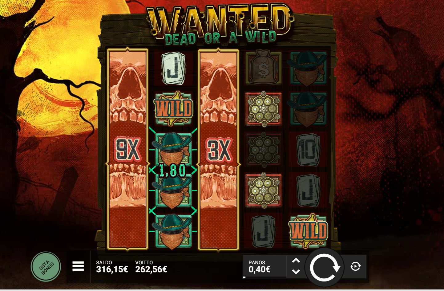 Wanted Dead or a Wild – SG Casino (262.56 eur / 0.40 bet) | Ihalaiska