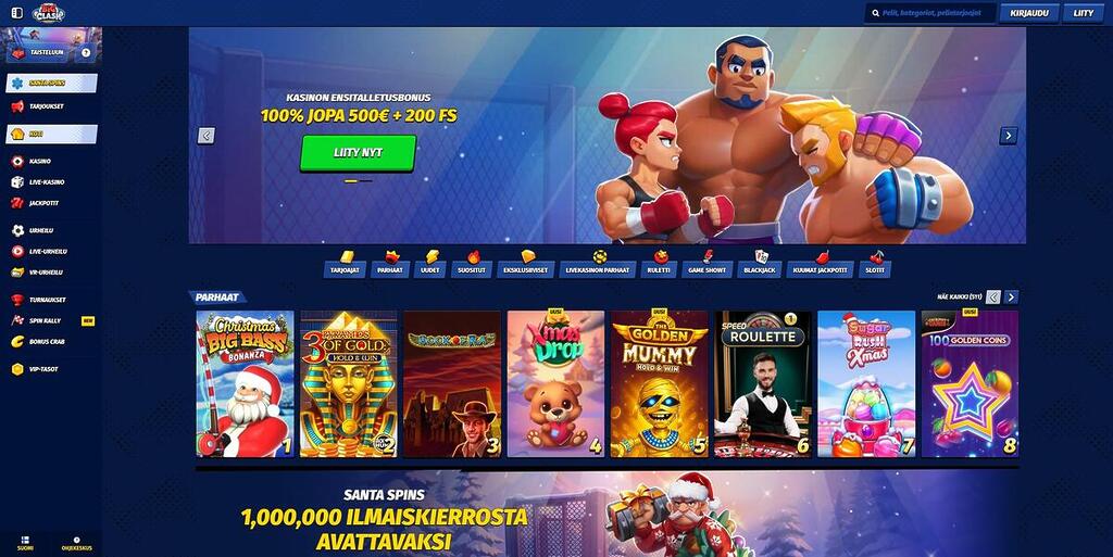 Big Clash -kasinon etusivu, jossa näkyy ensitalletusbonus 100% jopa 500€ ja 200 ilmaiskierrosta sekä pelihahmot ja navigaatio