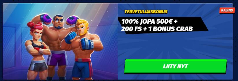 Big Clash tervetuliaisbonus -banneri, jossa mainostetaan 100% jopa 500€, 200 ilmaiskierrosta ja Bonus Crab -etu