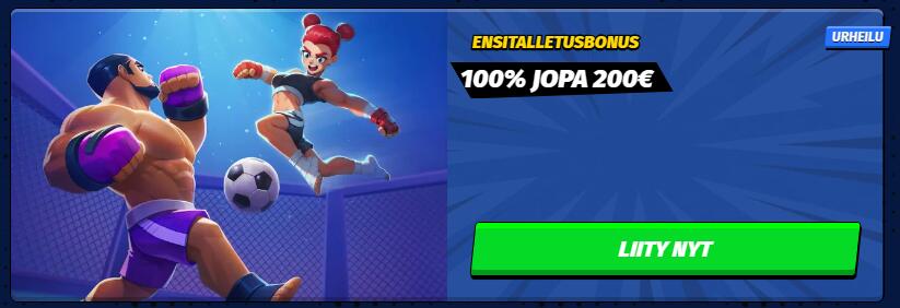 Big Clash -urheiluvedonlyönnin ensitalletusbonus, jossa näkyy 100% jopa 200€ ja urheiluaiheinen kampanjakuva
