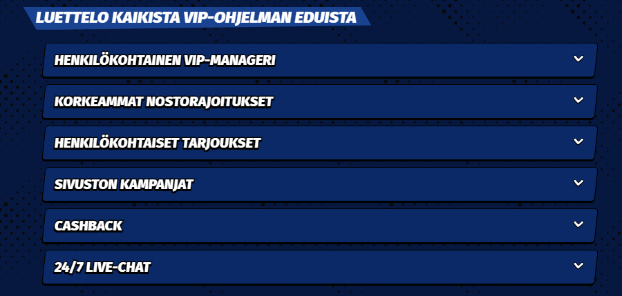 Big Clash VIP -ohjelman edut -osio, jossa listattuna henkilökohtainen VIP-manageri, korkeammat nostorajat, tarjoukset, kampanjat, cashback ja 24/7 live-chat