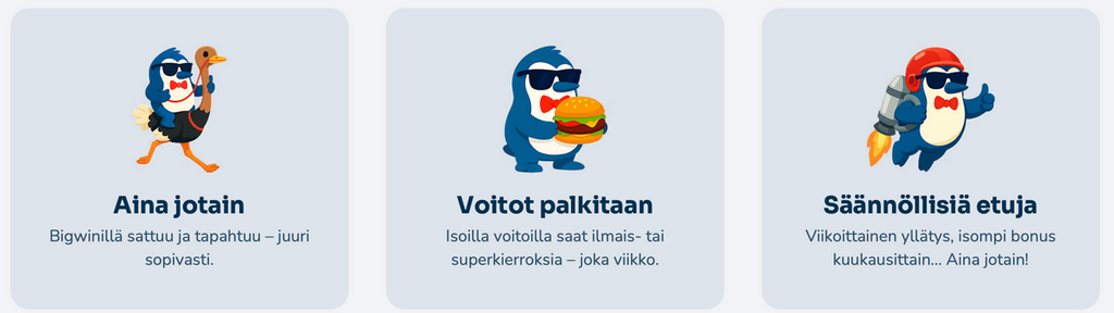Big Win -kasinon etusivun ominaisuusosio, jossa pingviinihahmot esittelevät säännöllisiä etuja, viikoittaisia palkintoja ja voittojen lisäbonuksia