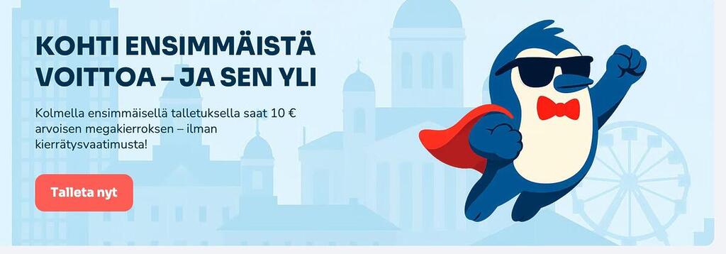 Big Win -kasinon tervetuliaisnäkymä, jossa pingviinihahmo ratsastaa possulla ja mainos megakierroksesta 10€ panoksella ilman kierrätysvaatimusta