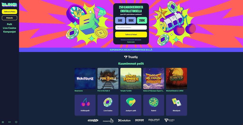Blingi Casinon värikäs etusivu, jossa on Trustly Pay N Play -maksuvaihtoehto, 250 ilmaiskierroksen tervetuliaisetu ja "Kuumimmat pelit" -listaus, sisältäen suosittuja kolikkopelejä kuten Reactoonz ja Temple Tumble.