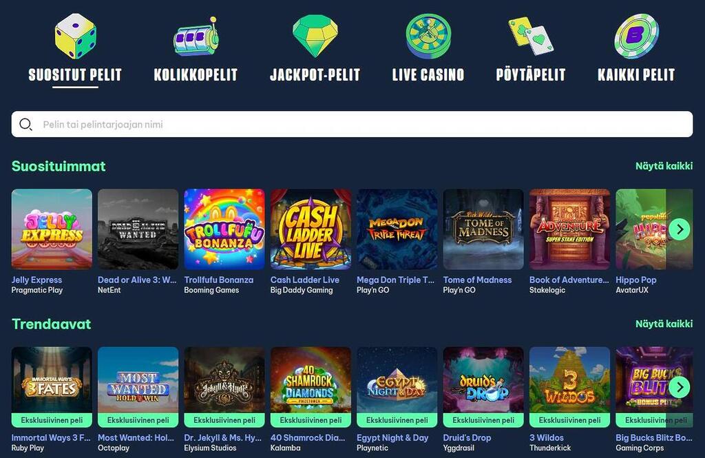 Blingi Casinon peliaulanäkymä, jossa on ikonit eri pelikategorioille: suositut pelit, kolikkopelit, jackpot-pelit, live-kasino ja pöytäpelit. Esillä on suosituimpia ja trendaavia pelejä useilta eri valmistajilta.