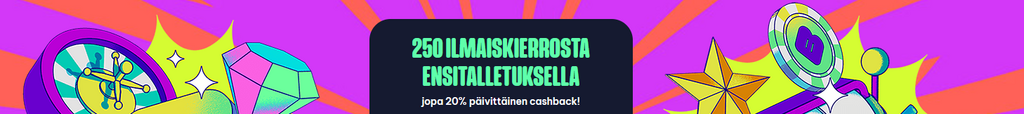Blingi Casinon kampanjabanneri, jossa mainostetaan 250 ilmaiskierrosta ensitalletuksella ja jopa 20 % päivittäistä käteispalautusta (cashback).