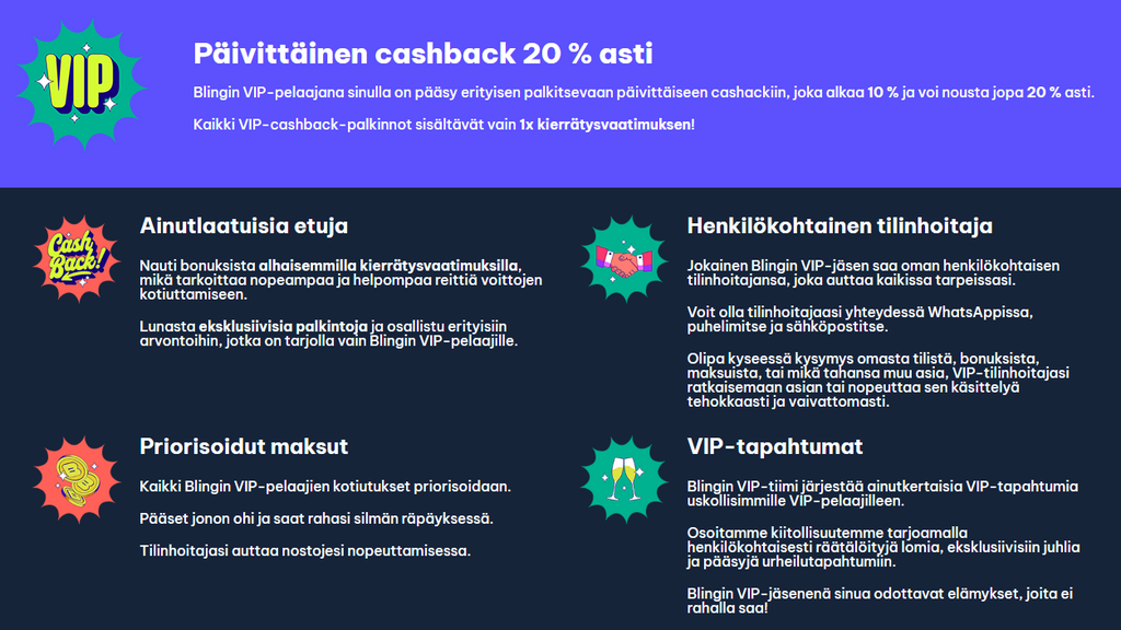 Blingi Casinon VIP-ohjelman esittelysivu, jossa luetellaan edut: päivittäinen käteispalautus 20 % asti, ainutlaatuiset edut matalammilla kierrätysvaatimuksilla, henkilökohtainen tilinhoitaja, priorisoidut maksut sekä VIP-tapahtumat ja elämykset.