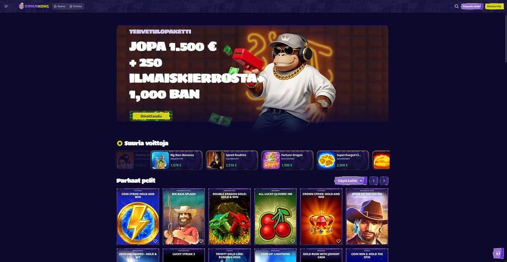 Kuvakaappaus Bonuskong-kasinon etusivulta. Yläreunassa on mainosbanneri, jossa aurinkolaseja ja kuulokkeita käyttävä gorilla-maskotti esittelee tervetulopaketin: jopa 1 500 € bonusta, 250 ilmaiskierrosta ja 1 000 BAN-kolikkoa. Bannerin alla näkyy "Suuria voittoja" -lista ja "Parhaat pelit" -osio, jossa on suosittuja kolikkopelejä.