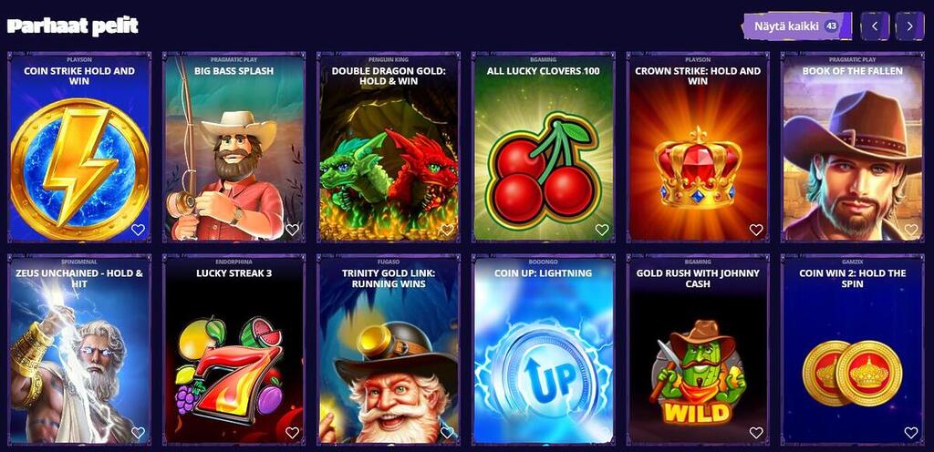 "Parhaat pelit" -osio Bonuskong-sivustolla. Ruudukossa on esillä 12 kolikkopeliä, kuten Coin Strike: Hold and Win, Big Bass Splash, All Lucky Clovers 100 ja Book of the Fallen. Jokaisen pelin kohdalla näkyy pelivalmistajan nimi.