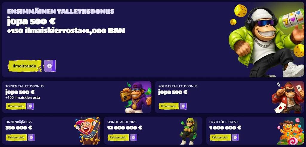 Bonuskongin kampanjasivu, jossa on useita tarjouslaatikkoita. Ylimpänä on ensimmäinen talletusbonus (jopa 500 € + 150 ilmaiskierrosta + 1 000 BAN). Sen alla on toinen ja kolmas talletusbonus sekä useita turnausmainoksia, kuten Spinoleague 2026 (palkintopotti 12 000 000 €) ja Hyytelöekspressi (1 000 000 €).