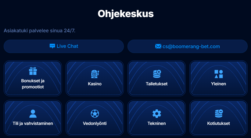 Boomerang Betin ohjekeskus, jossa on painikkeet live-chattiin, sähköpostitukeen sekä UKK-osioihin kuten bonukset, kotiutukset ja tili.