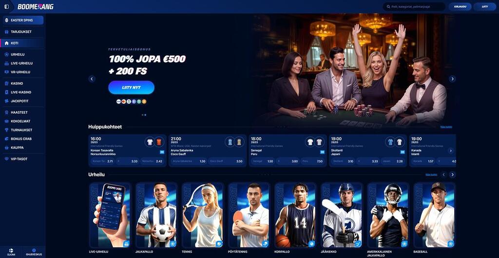 Boomerang Betin etusivu, jossa näkyy tervetuliaisbonus 100% 500€ asti ja 200 ilmaiskierrosta, urheiluvedonlyönnin kohteita sekä navigointivalikko.