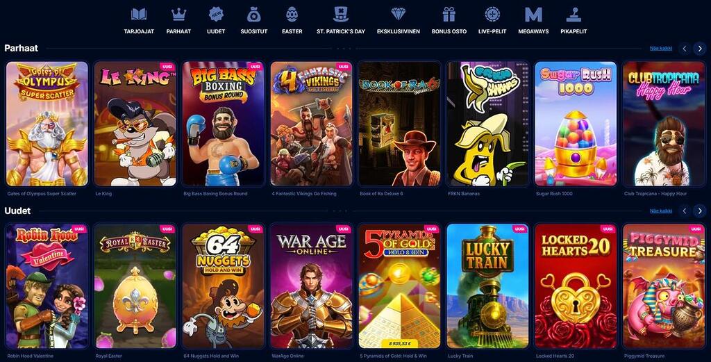 Boomerang Betin peliaula, jossa on esillä suosittuja kolikkopelejä kuten Gates of Olympus, Sugar Rush 1000 ja Book of Ra Deluxe 6.