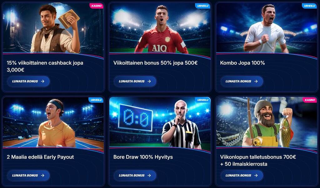 Boomerang Betin kampanjasivu, jossa näkyy tarjouksia kuten 15% viikoittainen cashback, urheilun reload-bonus ja viikonlopun talletusbonus.