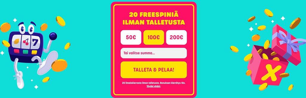 Caxino Casinon kampanjabanneri, jossa tarjotaan 20 ilmaiskierrosta ilman talletusta sekä talletusvaihtoehtoja 50€, 100€ ja 200€.