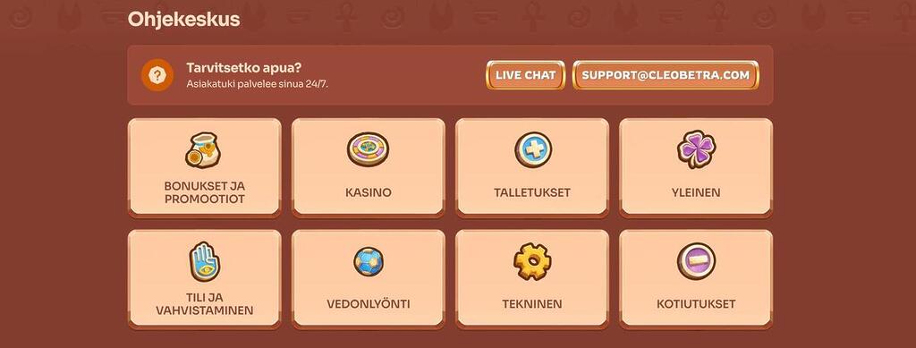 Cleobetra Casinon suomenkielinen ohjekeskus, jossa näkyvät livechat- ja sähköpostipainikkeet sekä eri tukikategoriat, kuten bonukset, talletukset ja kotiutukset.