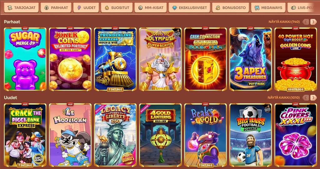 Kuvakaappaus Cleobetra Casinon peliaulasta, jossa näkyy kategorioita kuten parhaat ja uudet pelit, sekä useita eri kolikkopelejä värikkäillä kuvakkeilla.