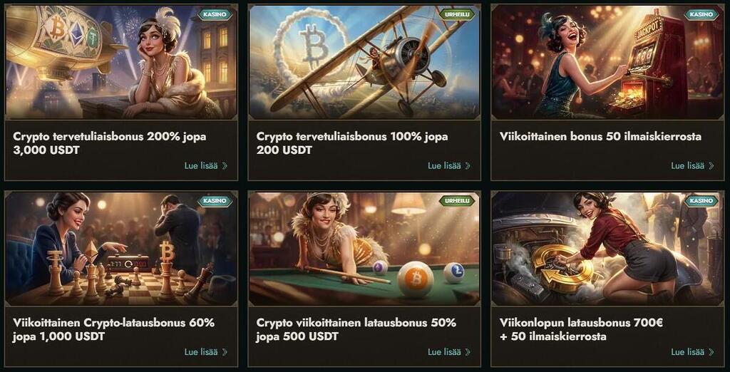 Dolly Casinon kampanjasivu, jossa näkyy kuusi erilaista etua kuten Crypto tervetuliaisbonus 200% jopa 3000USDT asti sekä viikonlopun latausbonus 700€+50 ilmaiskierrosta.