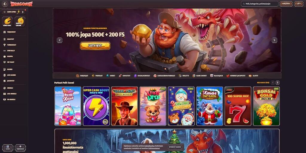 Dragonia-kasinon etusivu, jossa esillä tervetuliaisbonus 100% jopa 500€ ja 200 ilmaiskierrosta sekä lohikäärme- ja kaivosteemainen kampanjakuva