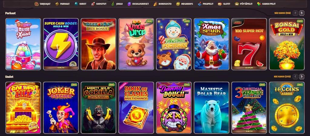 Dragonia-kasinon pelivalikoima, jossa näkyvät parhaat ja uudet kolikkopelit sekä kausiteemaiset pelit tummalla käyttöliittymällä