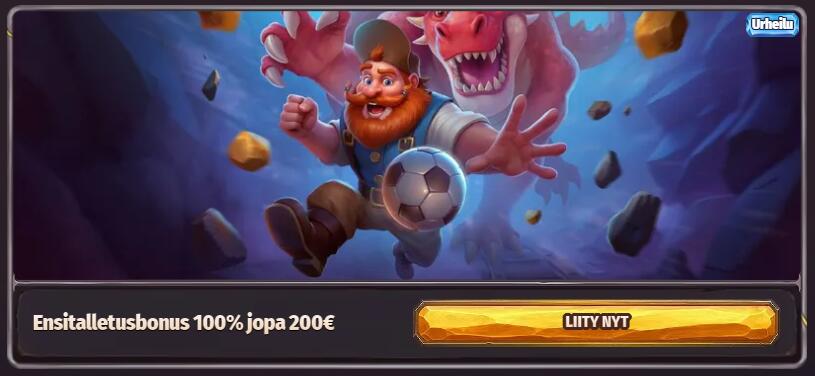 Dragonia-urheiluvedonlyönnin ensitalletusbonus, jossa hahmo potkaisee jalkapalloa ja mainostetaan 100% jopa 200€ urheilubonus
