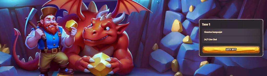 Dragonia VIP -ohjelman näkymä, jossa kaivoshahmo ja lohikäärme pitelevät kultaa sekä listattuna VIP-edut, kuten kampanjat ja 24/7 live-chat